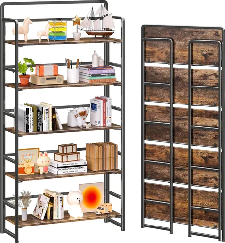 Vista 22 de 4NM Estantería plegable sin montaje, estante de almacenamiento para libros con estantes de 3 niveles, estilo vintage. Organizador de oficina y Todo