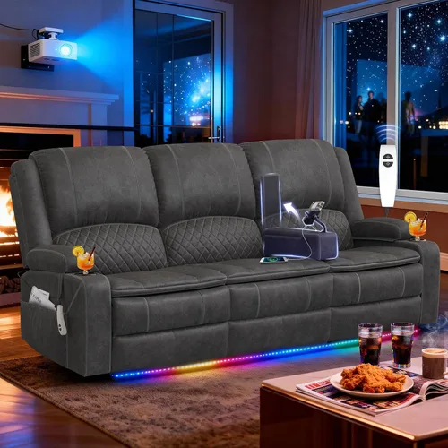 Vista 38 de Sofá reclinable de 3 plazas, sofá reclinable con consola elevable (tela, azul) Reclining Sofa with USB Removable Armrest, RV Sofa with Cup Holder