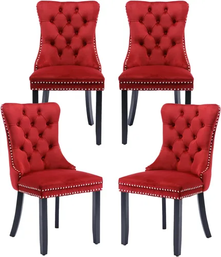 Vista 93 de Juego de 2 sillas de comedor de terciopelo, silla de comedor tapizada de alta gama con tirador de anillo en la espalda, adorno de clavos y patas