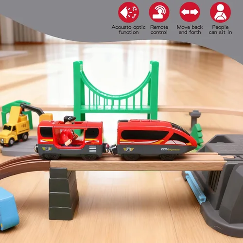 Vista 2 de Tren a pilas para pista de madera, potente locomotora con motor de control remoto, juguete de tren con luz y sonidos, regalo para niños pequeños