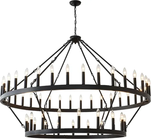 Vista 10 de Lámpara de araña de rueda grande de 122 cm de color negro, lámpara de araña de granja industrial de estilo rústico, de 2 niveles, con 36 luces