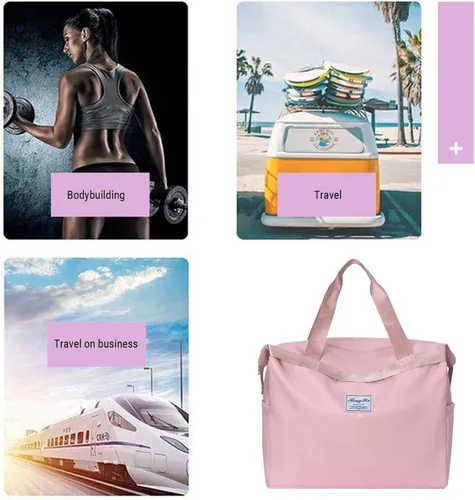 Vista 7 de Bolsas de lona de viaje, bolsa deportiva de gran capacidad, expandibles, bolsas de gimnasio ligeras para hombres y mujeres, Rosado, Classic