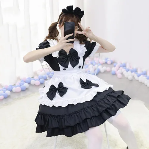 Vista 2 de QIGUANDZ Disfraz Kawaii dulce para mujer, vestido a cuadros, vestido de anime, sirvienta francesa, vestido de cosplay, delantal, banda