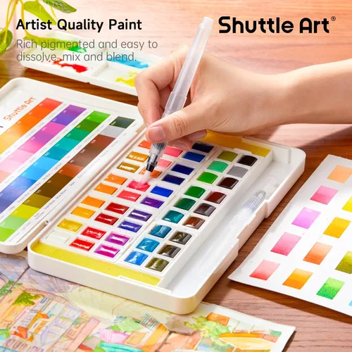 Vista 5 de Shuttle Art - Juego de pintura de acuarela de 48 colores en medias bandejas con 2 bolígrafos de pincel de agua, 10 pinceles de pintura, 1