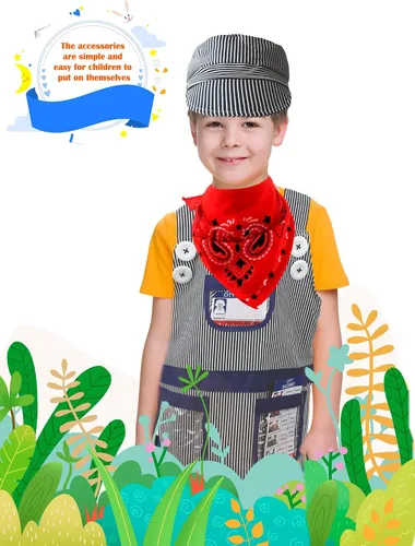 Vista 7 de Juego de 10 piezas de disfraz de conductor de tren para niños, kit de disfraz de ingeniero de tren, bandana y silbato para niños y niñas, Halloween