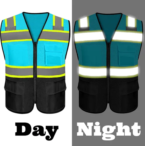 Vista 3 de Chaleco de seguridad reflectante de alta visibilidad con 5 bolsillos y cremallera clase 2 para adultos, unisex, ropa de trabajo de seguridad