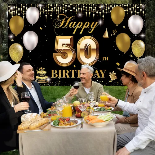 Vista 3 de Fondo de pancarta de cumpleaños número 50, decoración de feliz cumpleaños 50 para hombres y mujeres, cartel de fiesta de cumpleaños de 50 años