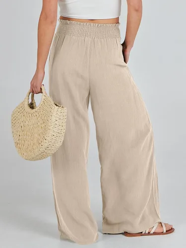 Vista 3 de Caracilia Pantalones de lino para mujer, pierna ancha, palazzo, pantalones de descanso de cintura alta, fluidos 2024, verano, playa, trabajo