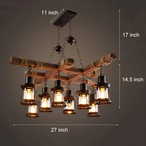 Vista 2 de iMeshbean Lámpara colgante de madera industrial de 8 luces, lámpara de techo para cocina, bar, mesa de billar