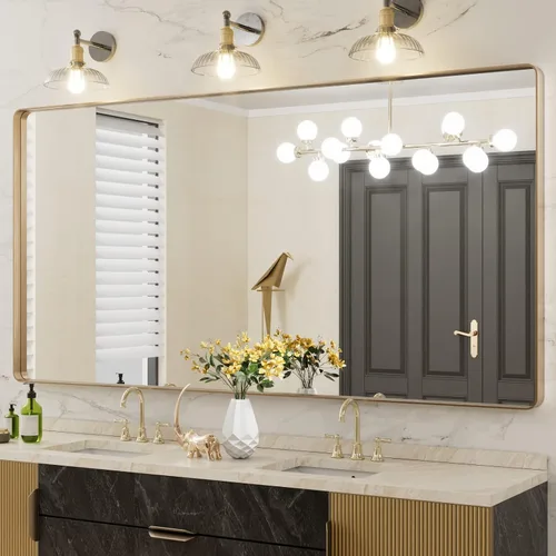 Vista 90 de LOAAO 20x16 Pulgadas Espejo de Baño con Marco de Metal Negro para Pared, Espejo de Tocador de Baño de Estilo Granja, Espejo Grande Rectangular