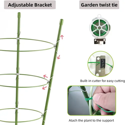 Vista 5 de Paquete de 4 jaulas de tomate, jaulas de soporte de plantas de 18 pulgadas para jardín, estacas de plantas de jardín mejoradas con anillos