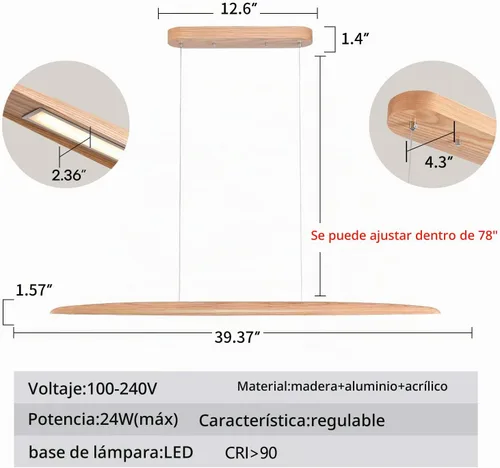 Vista 2 de YISDESIGN Lámpara Colgante Lineal LED de Madera de 39" 24W, Lámpara LED para Comedor Regulable, Lámpara Colgante para Comedor, Cocina, Isla, Mesa