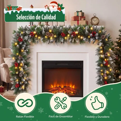 Vista 3 de Guirnalda de Navidad, Guirnalda de Navidad con Luces, Decoración de Navidad, 9 pies/2.7M, para Repisa de Chimenea, Hogar, Escaleras, Chimenea, Verde