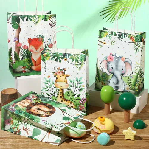 Vista 5 de Pajean Bolsas de Golosinas Safari Animales de la Selva Bolsas de Favores de Fiesta con Asas Estampado de Animales del Zoológico Dulces de Favores
