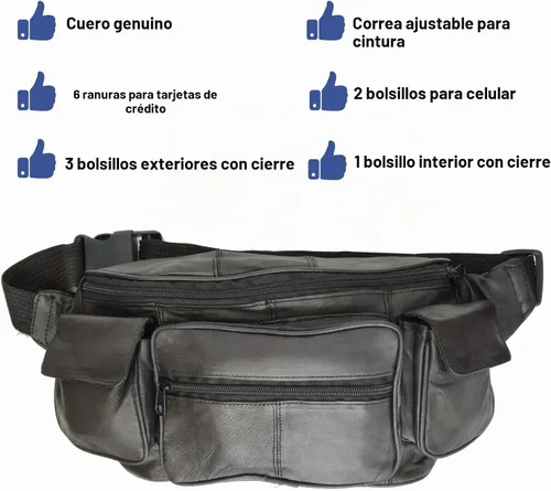 Vista 6 de Private Label Riñonera de piel de cordero genuina negra grande con bolsa para teléfono celular