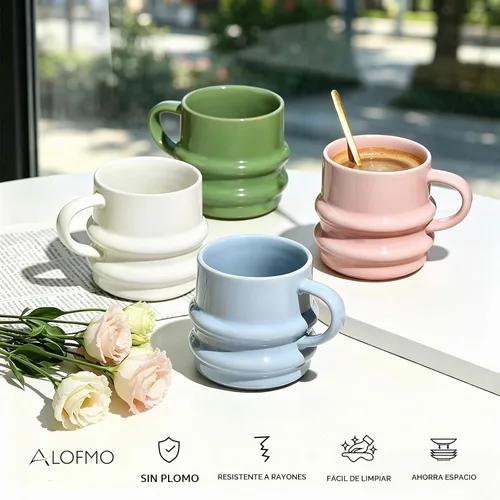 Vista 2 de Juego de 4 tazas de café de cerámica, tazas de café acanaladas onduladas 3D