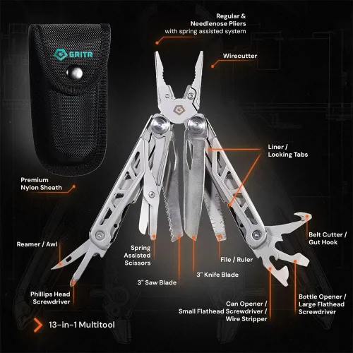 Vista 2 de GRITR Multiherramienta EDC de acero inoxidable 13 en 1 con funda de nailon, herramienta para exteriores con alicates de punta de aguja, cuchillo