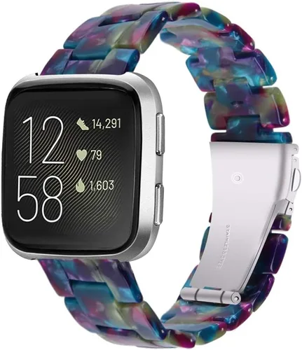 Vista 8 de Pulsera de resina compatible con Fitbit Versa 2/Versa Lite/Versa Band para mujer, correa de pulsera de repuesto de metal con hebilla de acero Azul