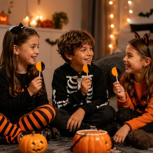 Vista 4 de Fruidles 20 paletas planas de Halloween Pops naranja y negro, ideales para rellenos de bolsas de golosinas de Halloween, regalar, 0.28 oz Pops