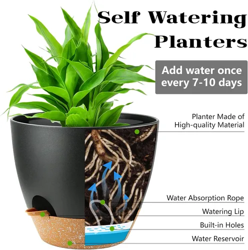Vista 2 de Macetas de riego automático con orificio de drenaje, macetas para plantas de flores para interiores y exteriores, macetas de plástico negro