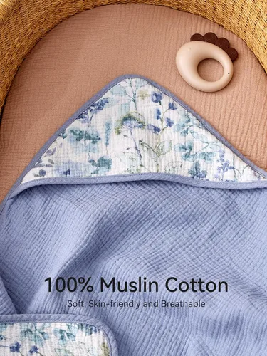 Vista 5 de TILLYOU Paquete de 2 toallas de muselina con capucha para recién nacido, 32 x 32 pulgadas, toallas de baño suaves para bebé altamente absorbentes