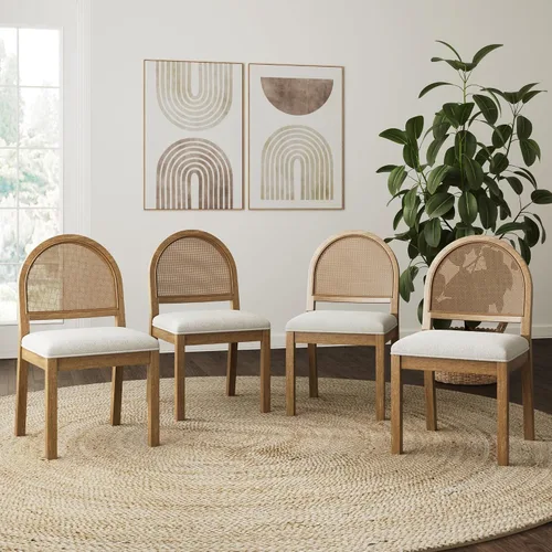 Vista 21 de Nathan James Silla de comedor Beacon Boho, silla de comedor Boucle con acento de fibra de mar y patas de madera maciza, crema Boucle/marrón claro