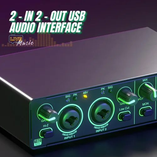 Vista 3 de Interfaz de audio USB 2X2 para PC Mac portátil, 24Bit 192kHz para grabación de computadora, guitarra, transmisión, podcasting, con alimentación