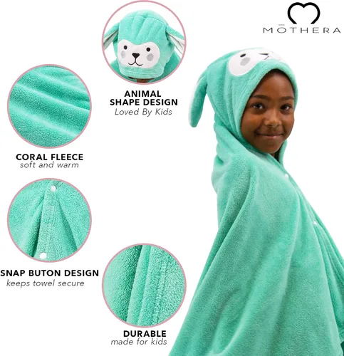 Vista 2 de Mothera Toalla de baño con capucha para niños y niños pequeños, toalla de forro polar coral para niños y niños pequeños, toallas con capucha de Verde