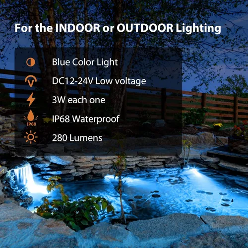 Vista 2 de Luces LED impermeables para piscina, 3 W, luz subacuática regulable, funciona a 12 V-24 V CC, 12 VAC, 4 paquetes de luces de bajo voltaje IP68