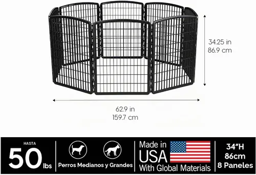 Vista 2 de IRIS USA 585605 - Corralito para mascotas de 8 paneles, 34 pulgadas, sin puerta, negro (585605)