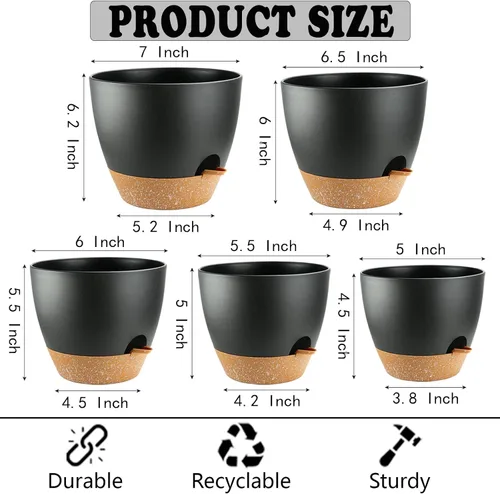 Vista 3 de Macetas de riego automático con orificio de drenaje, macetas para plantas de flores para interiores y exteriores, macetas de plástico negro