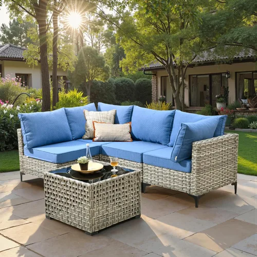 Vista 40 de ovios Muebles de patio de 8 piezas con hoguera, juego de conversación de mimbre de ratán para exteriores con mesa de centro brillante, cómodo sofá