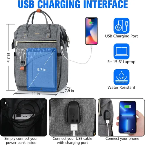 Vista 3 de MOMUVO Mochila para computadora portátil para mujer, bolsa para laptop de 15.6 pulgadas, mochila de trabajo con puerto de carga USB, mochila