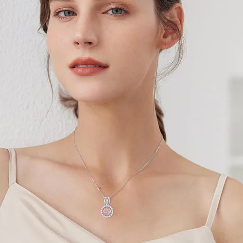Vista 4 de Collar de ópalo para mujer, collar con colgante de piedra de ópalo redondo Daitny de plata de ley, piedra natal de octubre, regalo de joyería