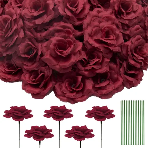 Vista 17 de Eternal Blossom 50 piezas de rosas negras artificiales, flor artificial con tallo, ramo de rosas para decoración, 3 pulgadas de flor falsa de seda
