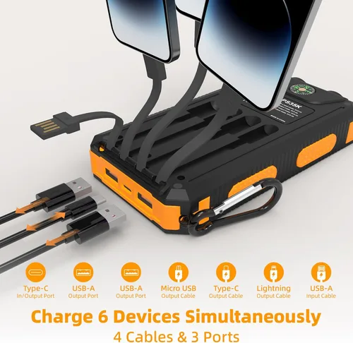 Vista 2 de Cargador solar de 20000 mAh, cargador portátil con 4 cables integrados y entrada USB-C, linternas de emergencia duales, batería impermeable