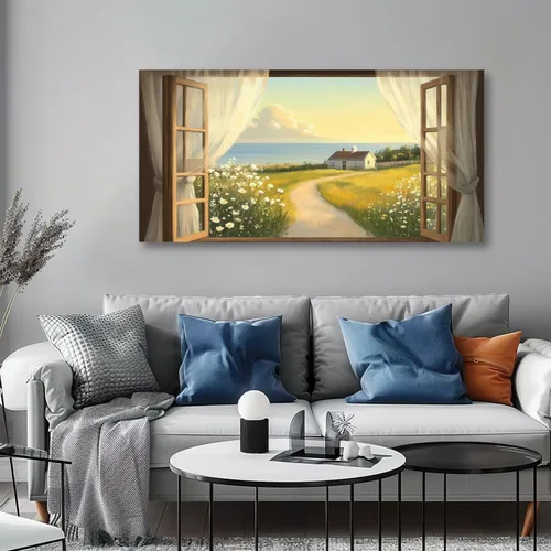 Vista 4 de Arte de pared costero vintage de 30 x 60 pulgadas, paisaje de ventana, granja, paisaje, naturaleza, pintura cálida, impresión sobre lienzo, arte
