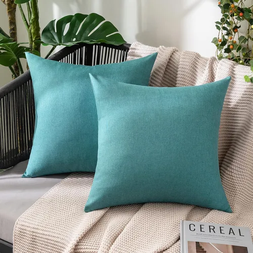 Vista 45 de MIULEE - Paquete de 2 fundas de almohada decorativas para exteriores, impermeables, sólidas, de imitación de lino, para jardín, casa de campo, Azul