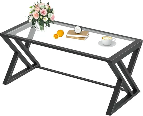 Vista 9 de Mesa de café Wolawu de vidrio negro para sala de estar, mesa central rectangular moderna con marco de metal resistente, mesa de té de vidrio