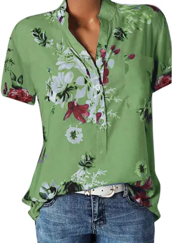 Vista 2 de LISTHA Blusa floral de verano para mujer, con bolsillo, manga corta, botones, cuello en V
