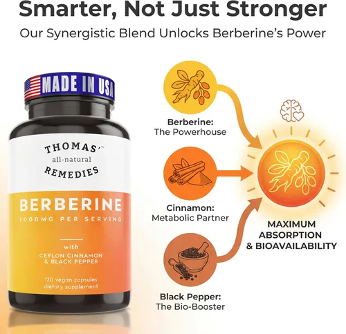 Vista 2 de Thomas' all-natural Remedies Berberine 1000 mg de apoyo metabólico - 120 cápsulas veganas con canela de Ceilán orgánica y pimienta negra Apoya