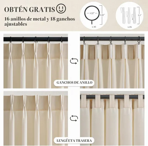 Vista 3 de 2 paneles de cortinas plisadas de lino beige de 84 pulgadas de largo, para dormitorio y sala de estar, cortina plisada con ganchos y pestaña trasera
