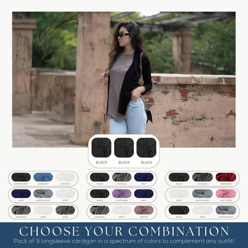 Vista 6 de Azules 3-Pack Women's Long Sleeve Open Front Cardigan - Lightweight Rayon Sweater, Soft Flowy Layer for Casual