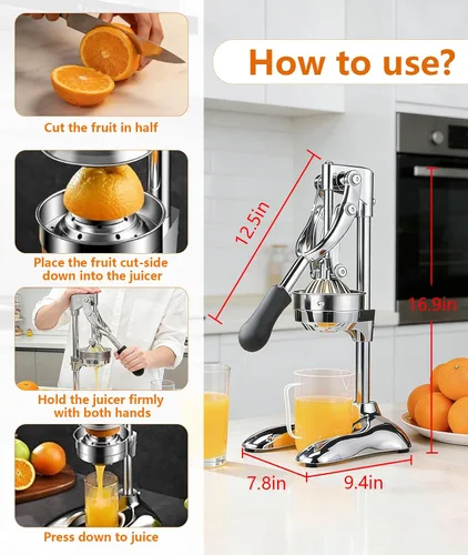 Vista 2 de Exprimidor manual profesional de mano – Exprimidor de cítricos de acero inoxidable resistente para naranja, limón y granada con base estable y taza