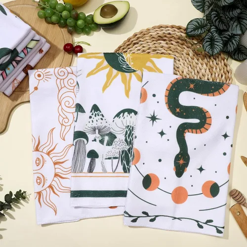 Vista 3 de Zubebe Paquete de 6 toallas de cocina bohemias de 18 x 28 pulgadas, toallas de cocina absorbentes con diseño de hongos y luna celestial, regalos