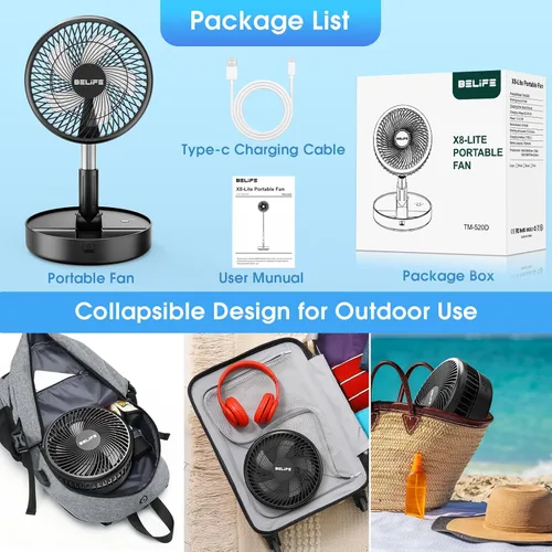 Vista 7 de Belife X8-Lite - Ventilador portátil, recargable con batería de 7200 mAh, ventilador de piso de escritorio USB con control remoto, ventilador Negro