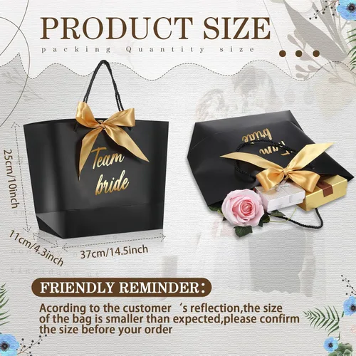 Vista 2 de Tenceur 16 bolsas de regalo de novia con lazo para dama de honor, bolsas de papel con asa, color negro para despedidas de soltera, bodas, despedidas