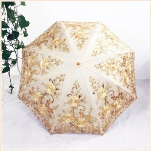 Vista 60 de Honeystore Sombrilla bordada con flor 3D plegable UV con encaje clásico