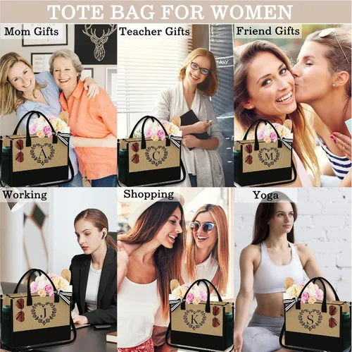 Vista 6 de YOOLIFE Bolsa de yute con inicial para mujer, bolsa de playa con cremallera, correa ajustable, regalos de dama de honor, regalos de cumpleaños