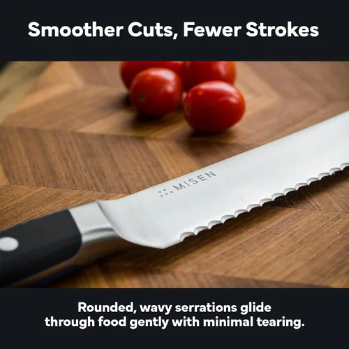 Vista 3 de Misen Cuchillo de Pan Dentado - Acero Japonés AUS8 de Alto Carbono - Perfecto para Alimentos Suaves, Pan, Pasteles y Frutas - Rebanador Versátil